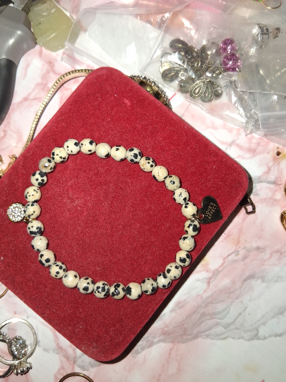 Beaded Dalmatian Jasper Stretch Bracelet with Heart Charm - Unbranded